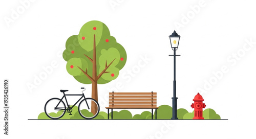 Park scene featuring a bicycle, bench, tree, lamp post, and fire hydrant.