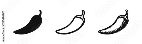 Curved Chili Pepper Icon Set. Solid, Outline, and Hand-Drawn Styles for Hot Food and Spice.