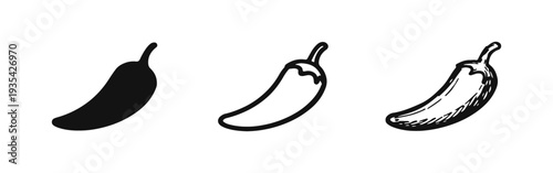 Chili Pepper Icon Set with Stem. Solid, Outline, and Hand-Drawn Styles for Mexican Cuisine.