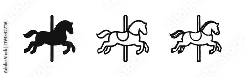 Carousel Horse Icon Set. Black and White Outline and Hand-Drawn Sketch Illustrations of Classic Ride.