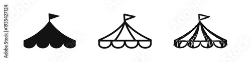 Circus Tent Icon Set. Black and White Outline and Hand-Drawn Sketch Illustrations of Entertainment Structure.