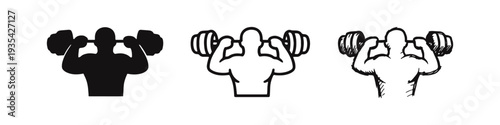 Man Lifting Dumbbells Icon Set - Silhouette, Outline, and Sketch Styles for Gym and Fitness