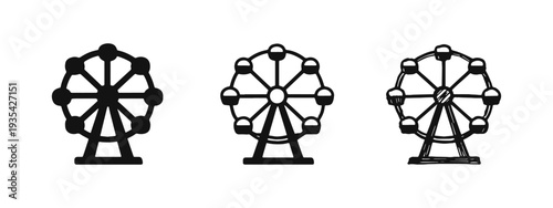 Ferris Wheel Icon Set. Black and White Outline and Hand-Drawn Sketch Illustrations of Amusement Park Ride.