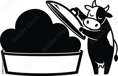 Cartoon cow holding surfboard beside a bowl of dark dessert. Vector illustration