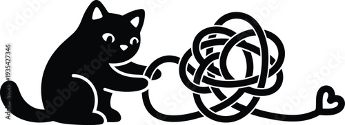 Cute black cat playing with tangled yarn ball and heart. Vector illustration