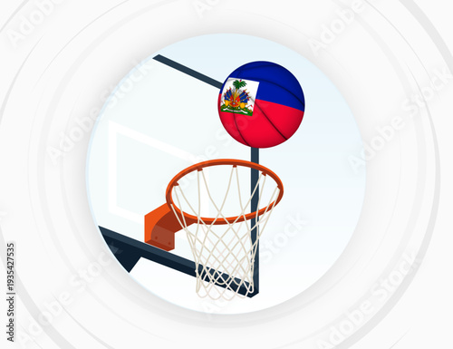 Haiti Flag Themed Basketball in Motion, Scoring Moment in Basketball Game.