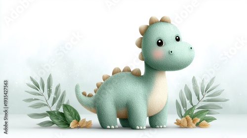 Playful Cartoon Dinosaur with Leaves on White Background
