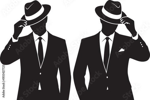 2 Silhouettes of Men in Suits and Hats Tipping Their Hats