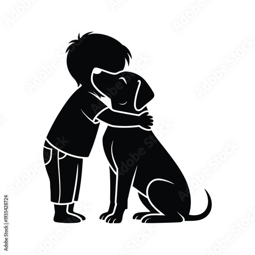 Little boy hugging dog silhouette icon. Kid and pet animal friendship vector illustration.