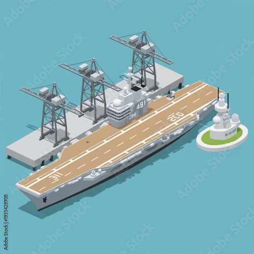 Aircraft Carrier Ship with Runway and Cranes.