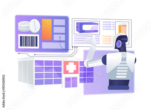 Pharmacy Inventory Robot abstract concept vector illustration.