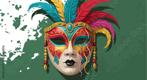 Ornate Carnival Mask with Colorful Feathers for Celebration, Isolated on transparent background, Vector Mardi Gras Symbolism and Venetian Masquerade Design