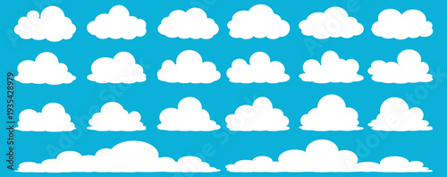 set of vector illustrations of clumpy clouds, cloud bubbles in flat style on a blue background	
