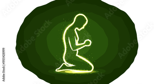 Praying Glowing Figure Silhouette Illustration – Spiritual Hope and Faith – Person in Supplication Pose Vector isolated on transparent background