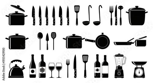 Collection of kitchen utensils and cookware silhouettes.