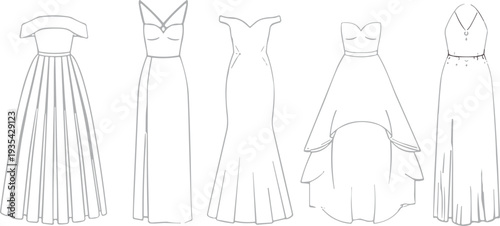 Dress silhouettes collection, fashion design, off shoulder gown, V neckline dress, mermaid style, strapless sweetheart, halter keyhole, formal wear, vector illustration