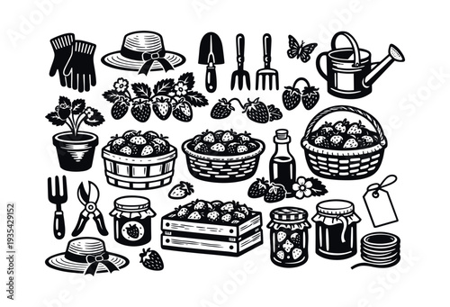 Strawberry picking and processing products with garden accessories vector objects, including baskets, jars, watering can, and gloves