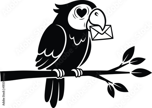 Cute cartoon bird delivering love letter on branch with heart eye. Vector illustration