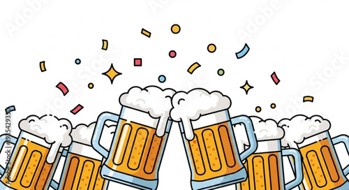 Cheers with many beer mugs and confetti celebration.