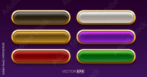 Set of glossy web buttons with luxurious golden frames in various colors. These elegant UI elements are perfect for game interfaces or modern design projects.
