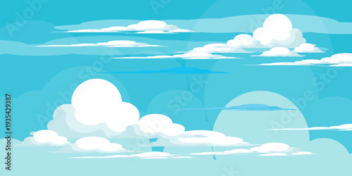 Illustration of a blue sky with white clouds in a flat style. Blue sky background and white clouds. Cartoon sky