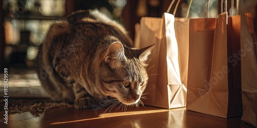 Wallpaper Mural Curious european shorthair tabby cat sneaking along sunlit wooden floor between brown paper shopping bags in cozy blurred home interior, concept of playful domestic curiosity Torontodigital.ca