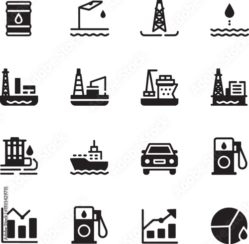 Oil Gas Icon set Barrels, Platforms, Plants, Workers, Ships, Fuel