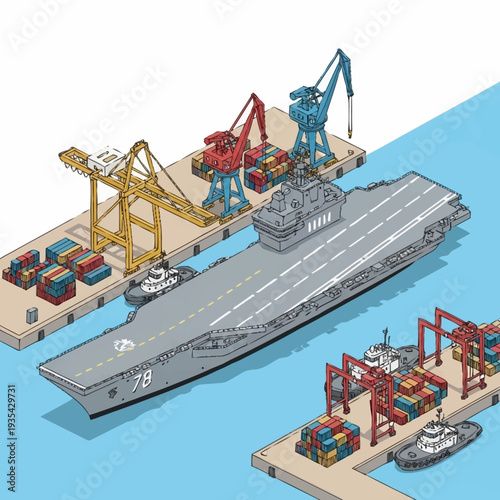 Aircraft Carrier and Cargo Ships at Dock.