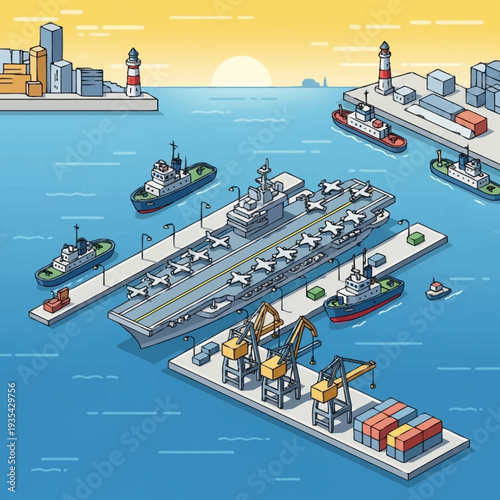 Aircraft Carrier with Ships and Cranes.