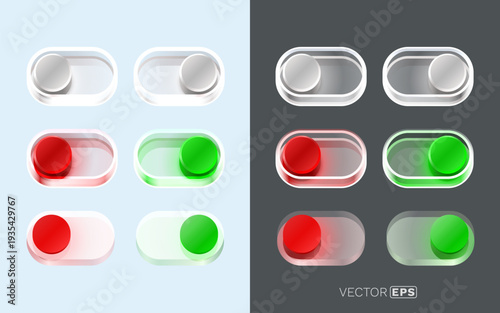 Modern UI Toggle Switches On Off Button Set. Collection of elegant translucent control elements for web and app design.