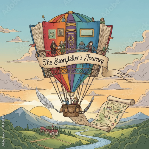 Colorful Hot Air Balloon with Books and Scroll.