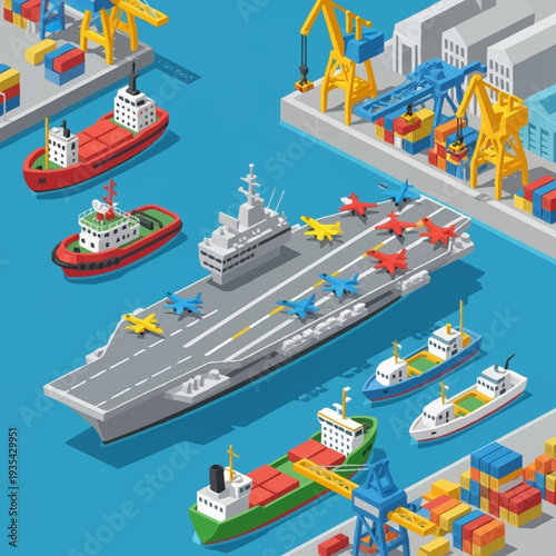 Aircraft Carrier with Support Ships and Cranes.