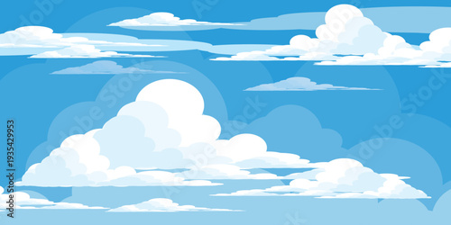 Illustration of a blue sky with white clouds in a flat style. Blue sky background and white clouds. Cartoon sky