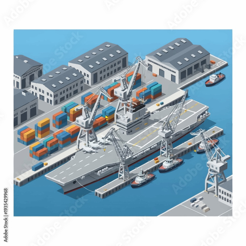 Industrial Shipping Port with Cranes and Containers.