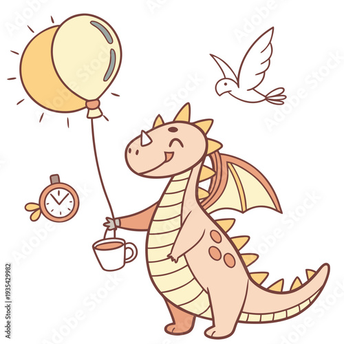 Cute Funny Dragon, accessorized with with a balloon, in a Morning sunshine world – Sunny Mornings palette vector