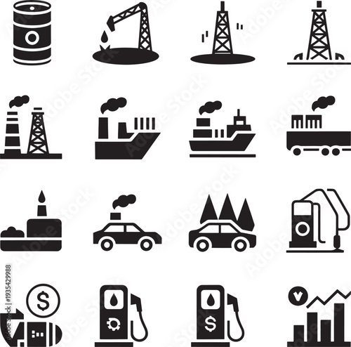 Petroleum Industry Icons bundle set Barrels Rigs, Factories, Ships, Cars, Finance