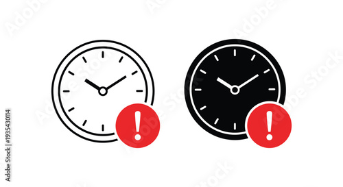 Vector graphic illustration set featuring analog clock icons with critical time alert notification symbols