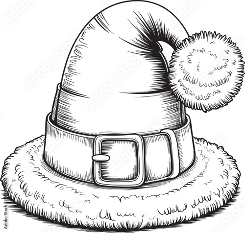 Santa Claus Hat with Fur Trim and Buckle Line Art