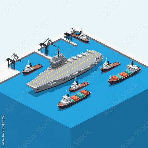 Aircraft Carrier with Support Ships and Cranes.