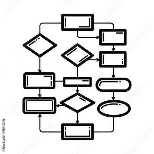 Complex flowchart diagram with various geometric shapes connected by arrows representing business process management logical sequence organizational structure project planning workflow visualization