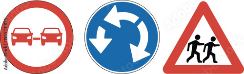 group of three critical traffic signs: no overtaking, roundabout, and children warning