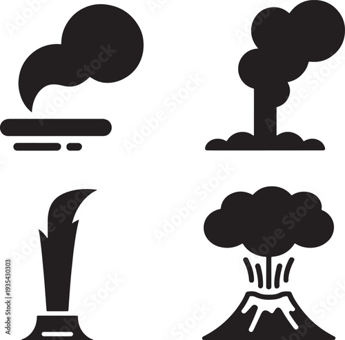 Black and white icons for smoke steam and volcanic eruption