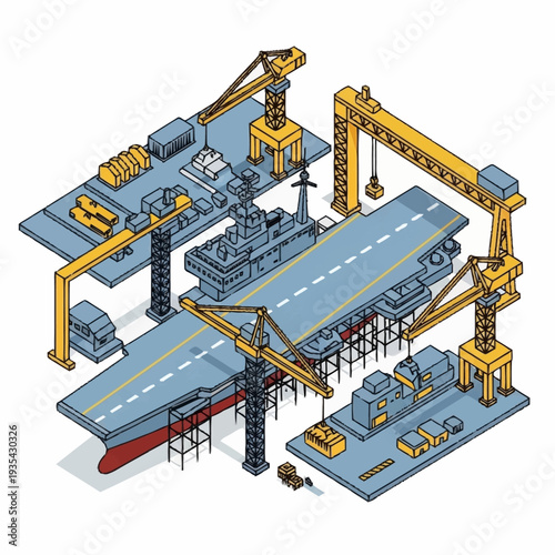 Industrial Shipbuilding Yard with Cranes and Equipment.