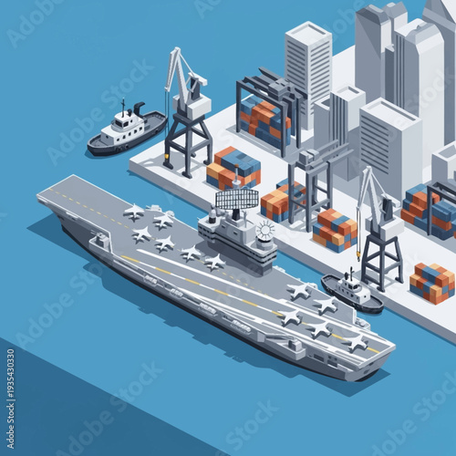 Aircraft Carrier with Cranes and Containers.