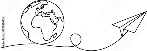 Continuous line drawing of earth globe and paper plane flying through air