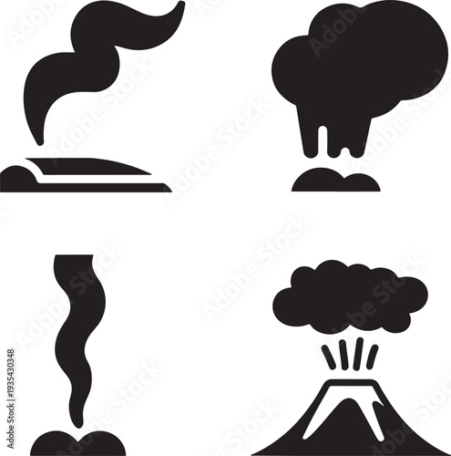 smoke plumes and volcanic eruption Stylized black and white icons