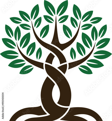 Tree of life with intertwined branches and roots. Green nature plant vector illustration.
