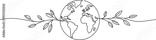 One line art illustration of earth globe centered between decorative leaf branches