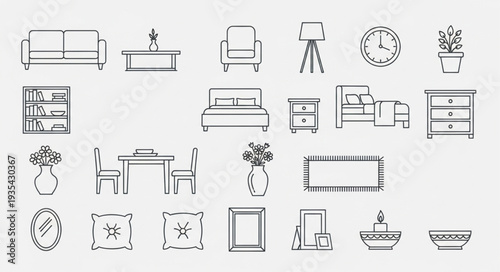 Collection of hand-drawn furniture and home decor icons.