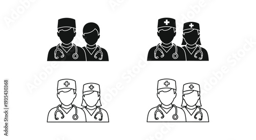 Collection of diverse medical professional couples' vector illustrations showing male and female healthcare workers together